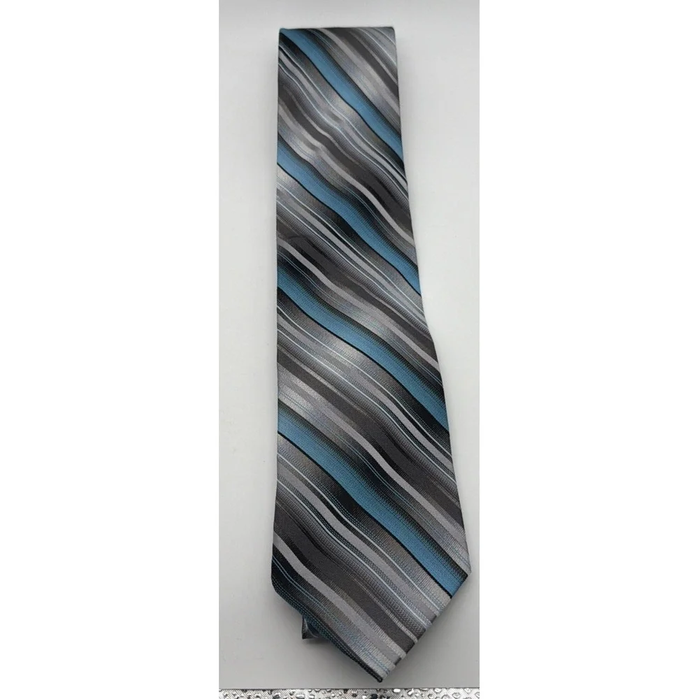 Pronto Uomo Mens Silk Tie Blue Silver Black Diagonal Striped Hand Made Necktie